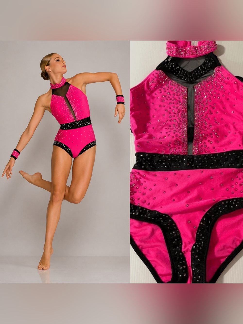 Glamour Solo Dance Costume Hot Pink Black Rhinestone contemporary jazz XSA Adult